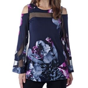 MARALLIS Cold Shoulder Blue Floral Bell Sleeve Blouse Size Large
